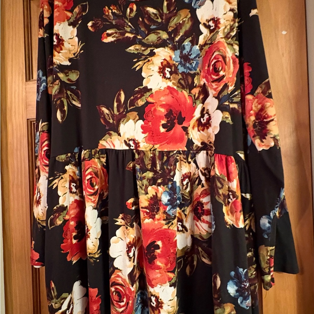 Black Floral Long Sleeve Dress with Bold Red & Cream Blooms